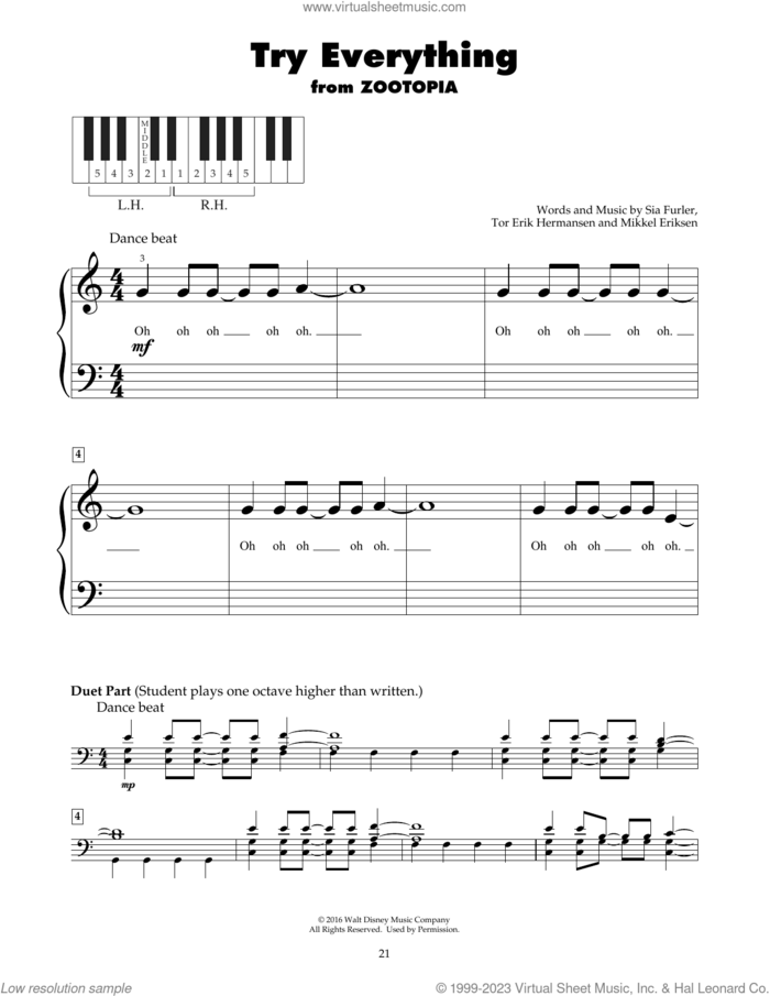 Try Everything (from Zootopia) sheet music for piano solo (5-fingers) by Shakira, Mikkel Eriksen, Sia Furler and Tor Erik Hermansen, beginner piano (5-fingers)