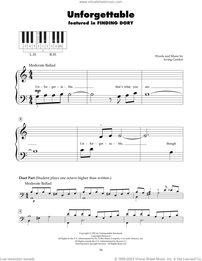 Unforgettable sheet music for piano solo (5-fingers) by Nat King Cole, Dinah Washington, Natalie Cole and Irving Gordon, beginner piano (5-fingers)