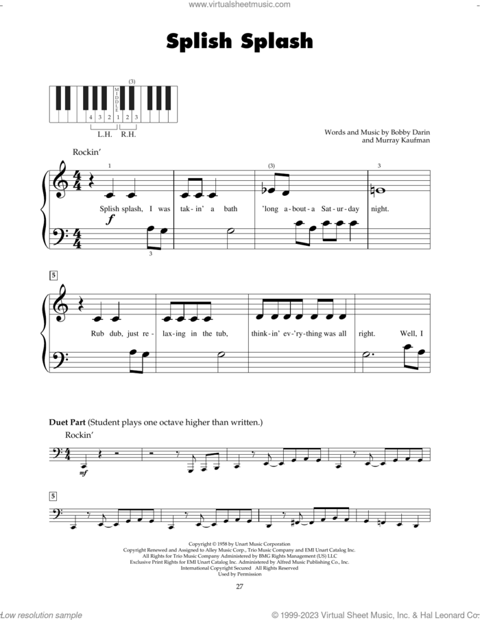 Splish Splash sheet music for piano solo (5-fingers) by Bobby Darin and Murray Kaufman, beginner piano (5-fingers)