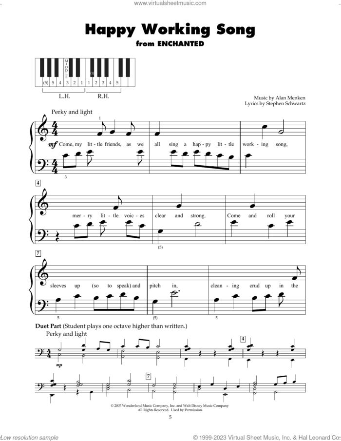 Happy Working Song (from Enchanted) sheet music for piano solo (5-fingers) by Amy Adams, Alan Menken and Stephen Schwartz, beginner piano (5-fingers)