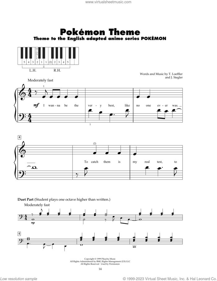 Pokemon Theme sheet music for piano solo (5-fingers) by J. Siegler and T. Loeffler, beginner piano (5-fingers)