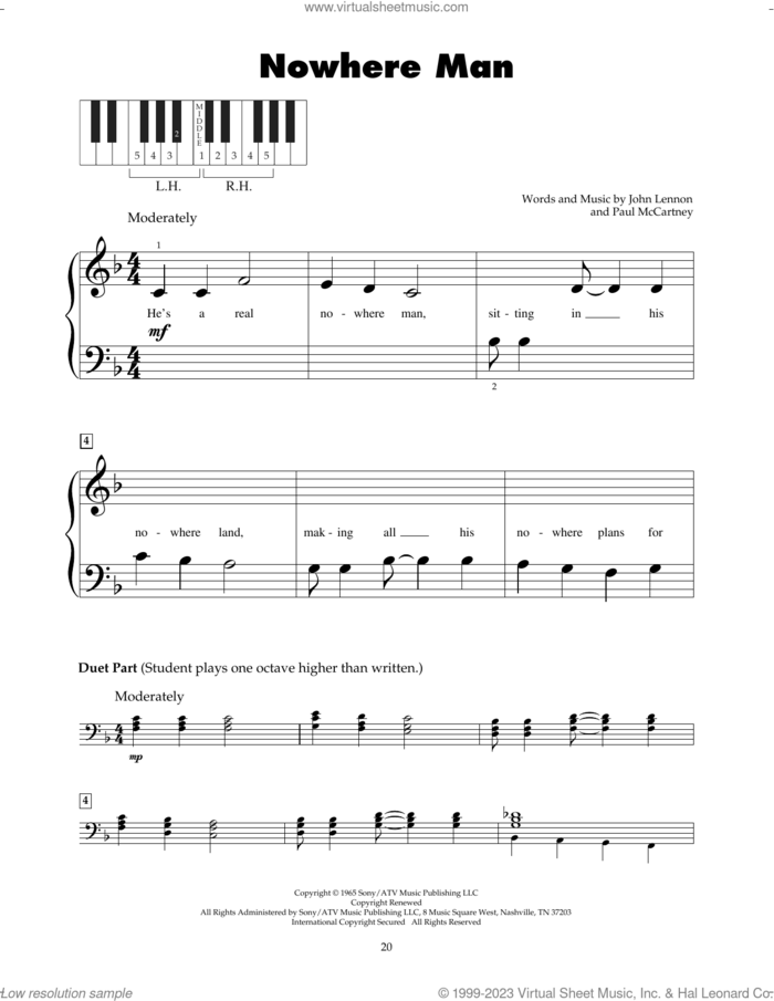 Nowhere Man sheet music for piano solo (5-fingers) by The Beatles, John Lennon and Paul McCartney, beginner piano (5-fingers)