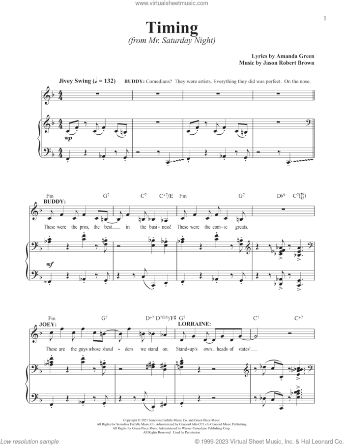 Timing (from Mr. Saturday Night) sheet music for voice and piano by Jason Robert Brown, Jason Robert Brown and Amanda Green and Amanda Green, intermediate skill level