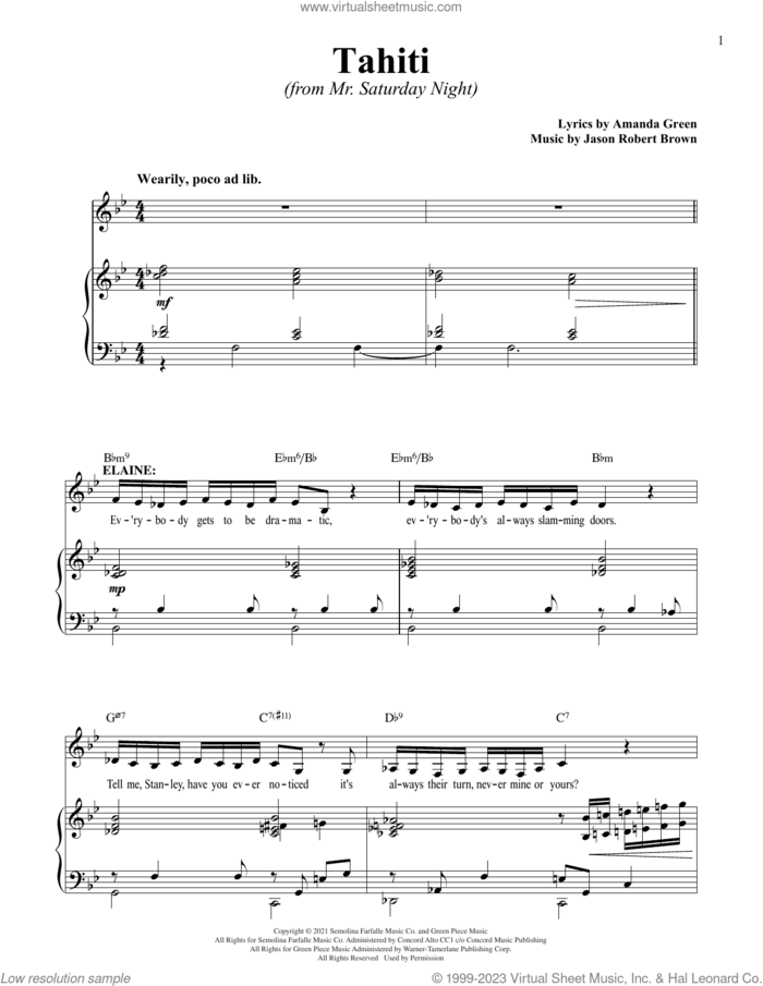 Tahiti (from Mr. Saturday Night) sheet music for voice and piano by Jason Robert Brown, Jason Robert Brown and Amanda Green and Amanda Green, intermediate skill level
