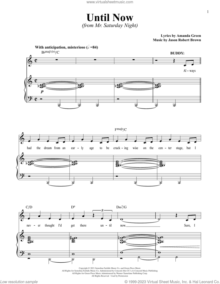 Until Now (from Mr. Saturday Night) sheet music for voice and piano by Jason Robert Brown, Jason Robert Brown and Amanda Green and Amanda Green, intermediate skill level
