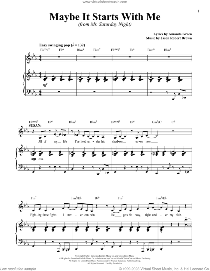 Maybe It Starts With Me (from Mr. Saturday Night) sheet music for voice and piano by Jason Robert Brown, Jason Robert Brown and Amanda Green and Amanda Green, intermediate skill level