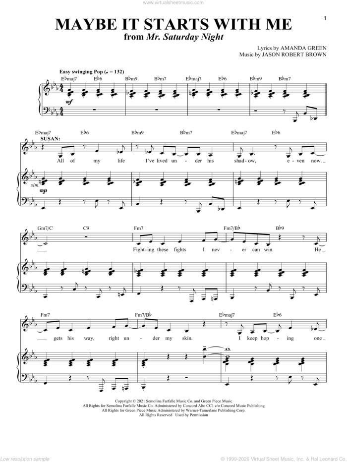 Maybe It Starts With Me (from Mr. Saturday Night) sheet music for voice and piano by Jason Robert Brown, Jason Robert Brown and Amanda Green and Amanda Green, intermediate skill level