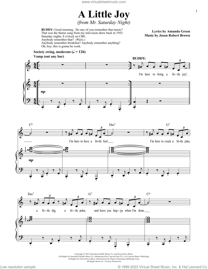 A Little Joy (from Mr. Saturday Night) sheet music for voice and piano by Jason Robert Brown, Jason Robert Brown and Amanda Green and Amanda Green, intermediate skill level