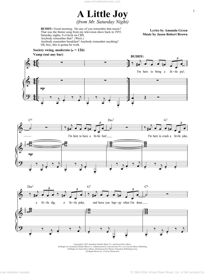 A Little Joy (from Mr. Saturday Night) sheet music for voice and piano by Jason Robert Brown, Jason Robert Brown and Amanda Green and Amanda Green, intermediate skill level