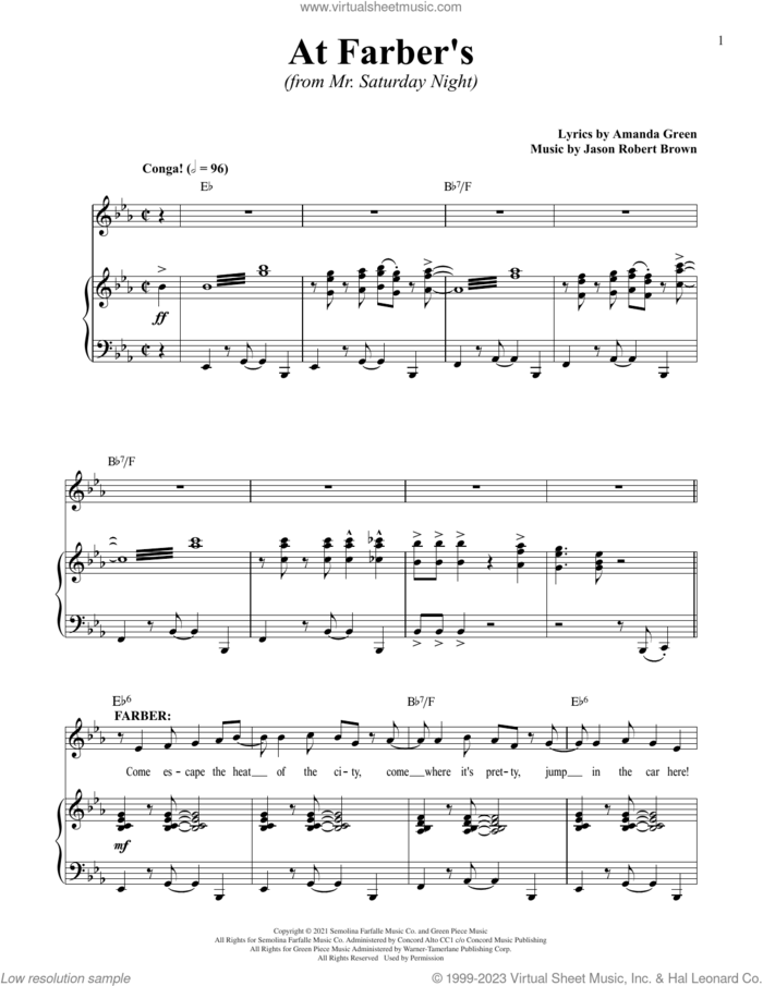 At Farber's (from Mr. Saturday Night) sheet music for voice and piano by Jason Robert Brown, Jason Robert Brown and Amanda Green and Amanda Green, intermediate skill level