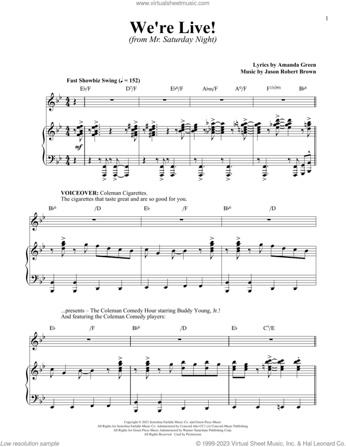 We're Live (from Mr. Saturday Night) sheet music for voice and piano by Jason Robert Brown, Jason Robert Brown and Amanda Green and Amanda Green, intermediate skill level