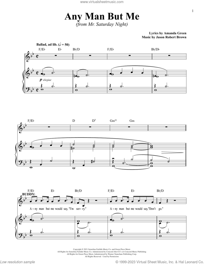 Any Man But Me (from Mr. Saturday Night) sheet music for voice and piano by Jason Robert Brown, Jason Robert Brown and Amanda Green and Amanda Green, intermediate skill level