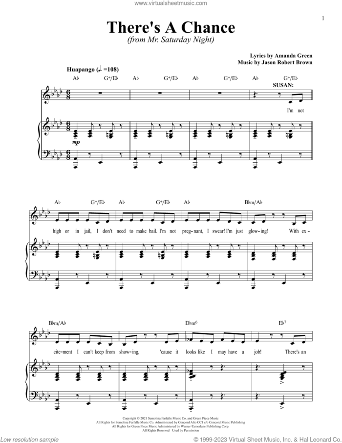 There's A Chance (from Mr. Saturday Night) sheet music for voice and piano by Jason Robert Brown, Jason Robert Brown and Amanda Green and Amanda Green, intermediate skill level