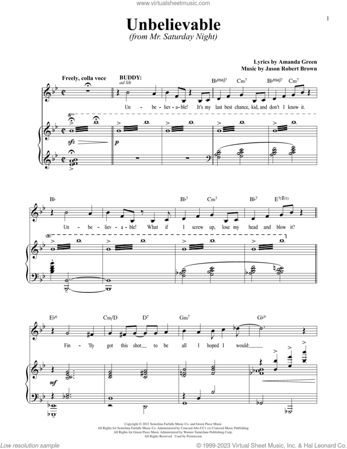 Unbelievable (from Mr. Saturday Night) sheet music for voice and piano by Jason Robert Brown, Jason Robert Brown and Amanda Green and Amanda Green, intermediate skill level