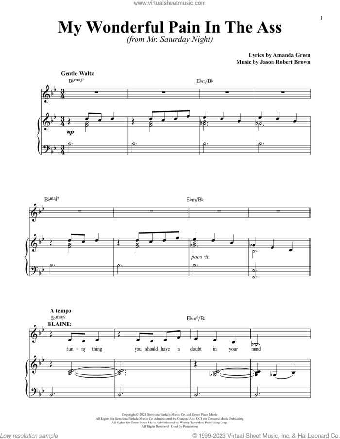 My Wonderful Pain In The Ass (from Mr. Saturday Night) sheet music for voice and piano by Jason Robert Brown, Jason Robert Brown and Amanda Green and Amanda Green, intermediate skill level