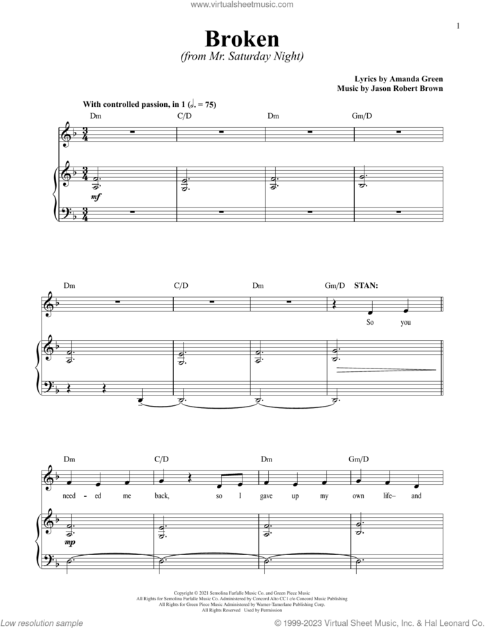 Broken (from Mr. Saturday Night) sheet music for voice and piano by Jason Robert Brown, Jason Robert Brown and Amanda Green and Amanda Green, intermediate skill level