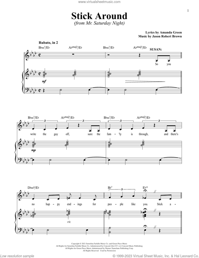 Stick Around (from Mr. Saturday Night) sheet music for voice and piano by Jason Robert Brown, Jason Robert Brown and Amanda Green and Amanda Green, intermediate skill level