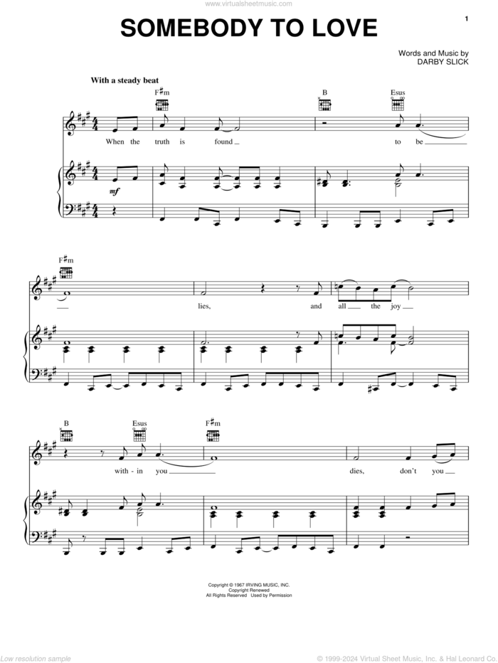 Somebody To Love sheet music for voice, piano or guitar by Jefferson Airplane and Darby Slick, intermediate skill level