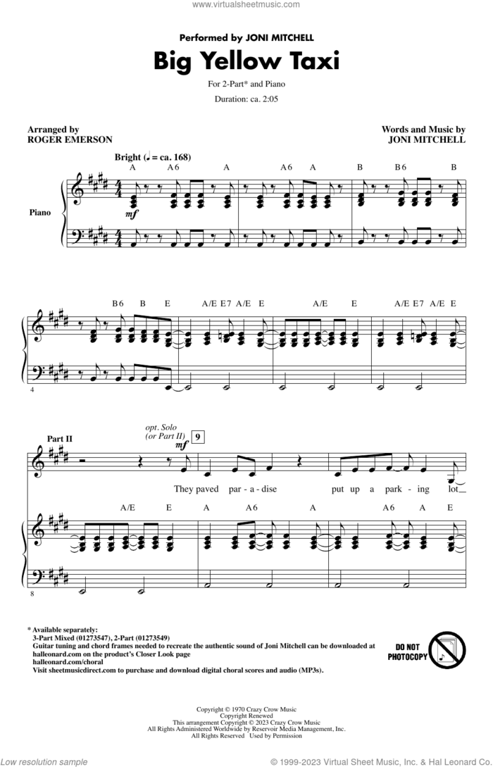 Big Yellow Taxi (arr. Roger Emerson) sheet music for choir (2-Part) by Joni Mitchell and Roger Emerson, intermediate duet