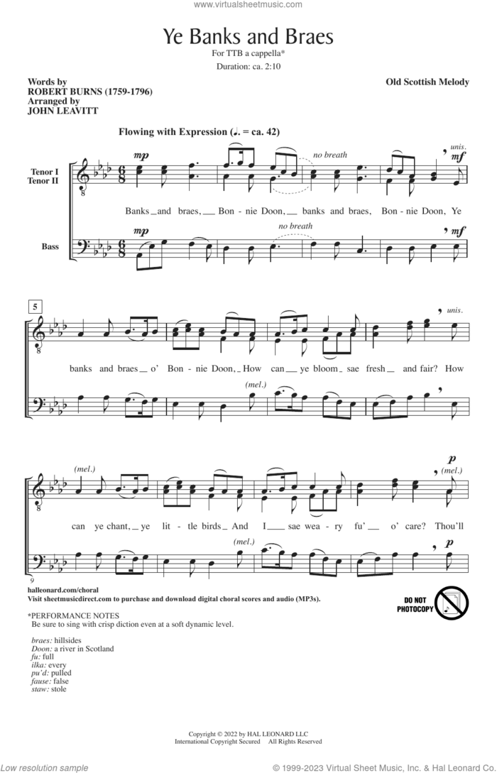 Ye Banks And Braes (arr. John Leavitt) sheet music for choir (TTB: tenor, bass) by Old Scottish Melody, John Leavitt and Robert Burns, intermediate skill level