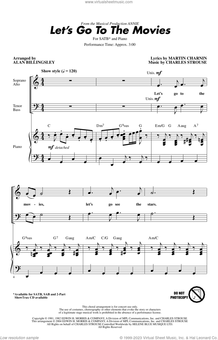 Let's Go To The Movies (from Annie) (arr. Alan Billingsley) sheet music for choir (SATB: soprano, alto, tenor, bass) by Charles Strouse, Alan Billingsley and Martin Charnin, intermediate skill level