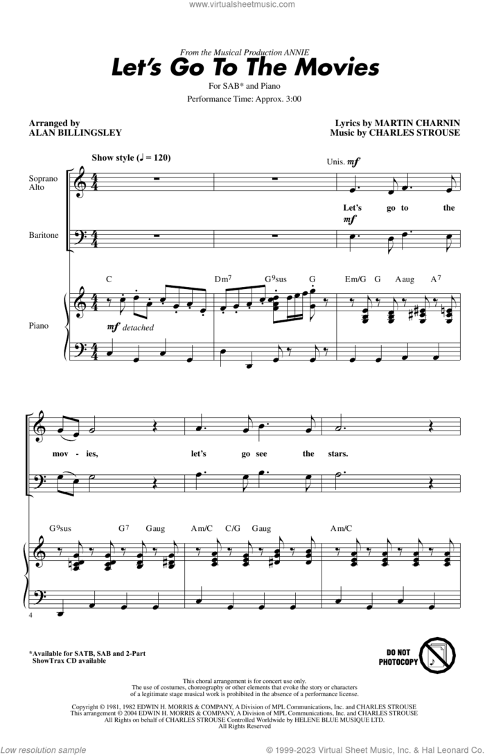 Let's Go To The Movies (from Annie) (arr. Alan Billingsley) sheet music for choir (SAB: soprano, alto, bass) by Charles Strouse, Alan Billingsley and Martin Charnin, intermediate skill level