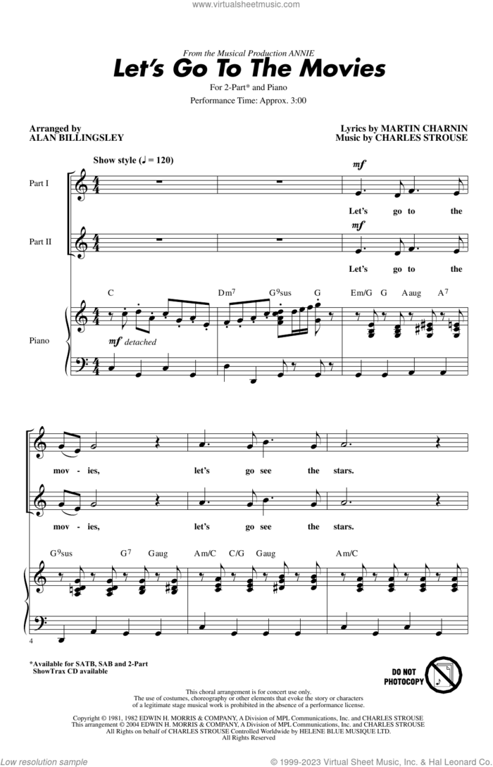Let's Go To The Movies (from Annie) (arr. Alan Billingsley) sheet music for choir (2-Part) by Charles Strouse, Alan Billingsley and Martin Charnin, intermediate duet