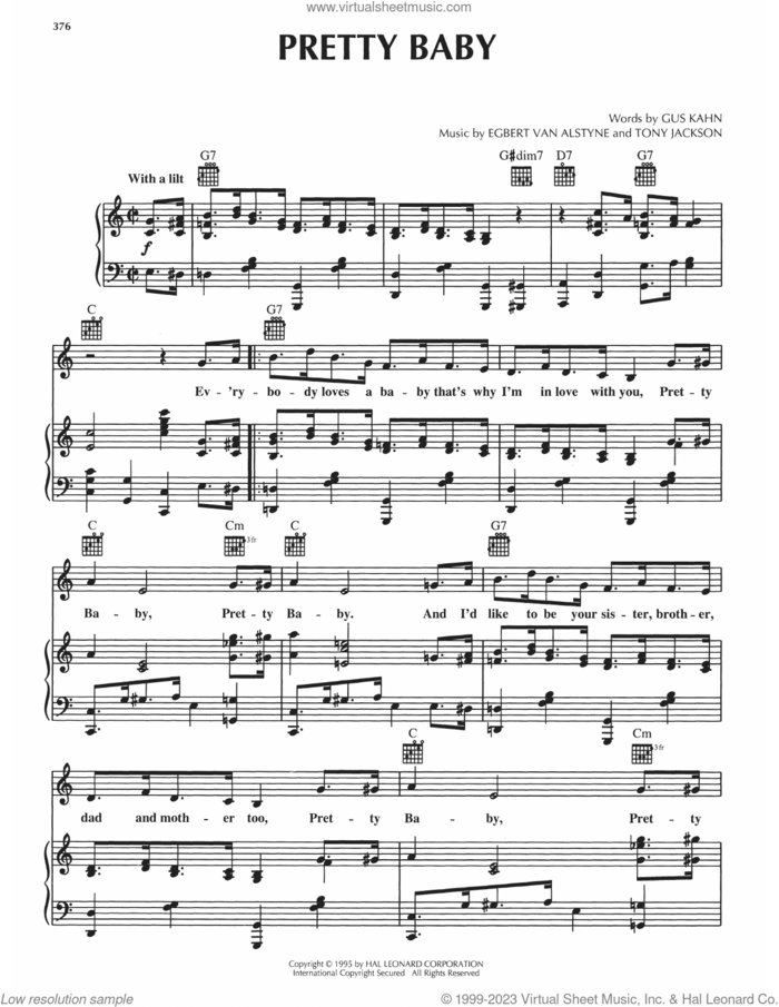 Pretty Baby sheet music for voice, piano or guitar by Gus Kahn, Egbert Van Alstyne and Tony Jackson, intermediate skill level
