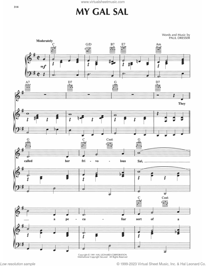 My Gal Sal sheet music for voice, piano or guitar by Paul Dresser, intermediate skill level