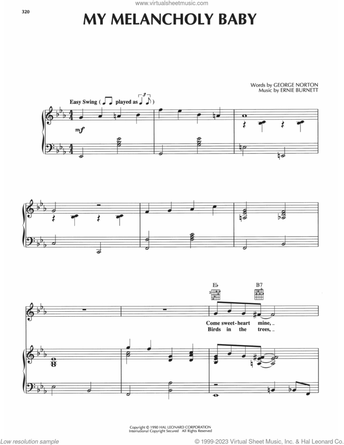 My Melancholy Baby sheet music for voice, piano or guitar by George A. Norton and Ernie Burnett, intermediate skill level