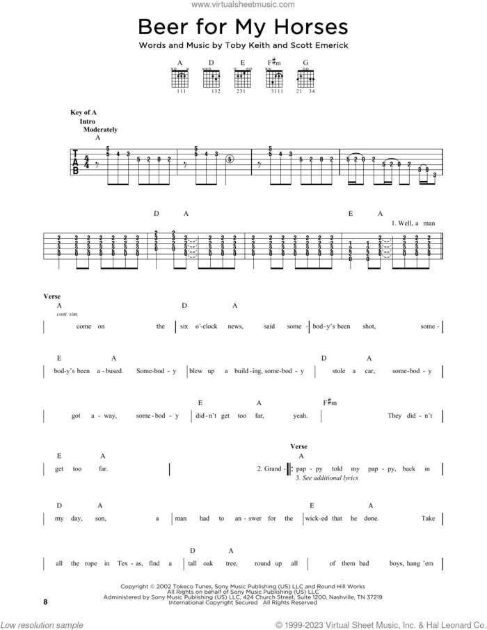 Beer For My Horses sheet music for guitar solo by Toby Keith and Scotty Emerick, intermediate skill level
