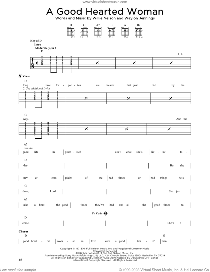 A Good Hearted Woman sheet music for guitar solo by Willie Nelson and Waylon Jennings, intermediate skill level