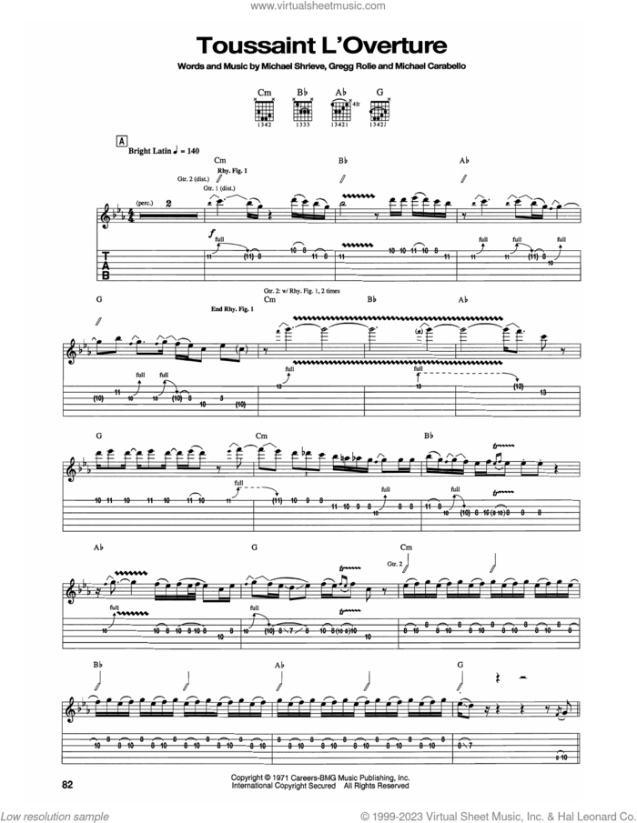 Toussaint L'Overture sheet music for guitar (tablature) by Carlos Santana, Gregg Rolie, Michael Carabello and Michael Shrieve, intermediate skill level