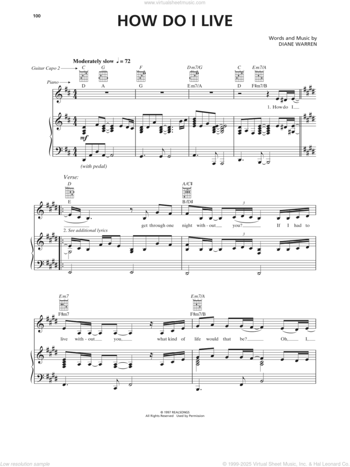 How Do I Live sheet music for voice, piano or guitar by LeAnn Rimes, Trisha Yearwood and Diane Warren, intermediate skill level