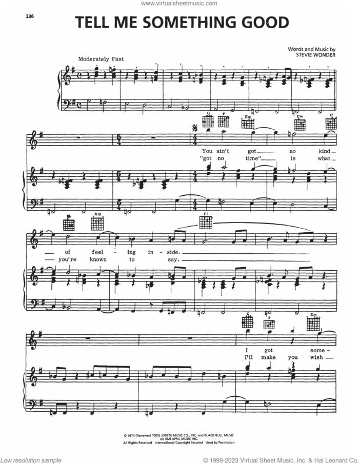 Tell Me Something Good sheet music for voice, piano or guitar by Rufus & Chaka Khan and Stevie Wonder, intermediate skill level