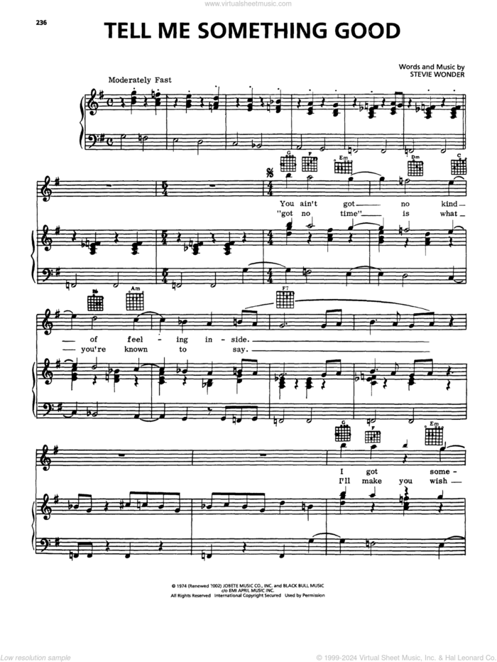 Tell Me Something Good sheet music for voice, piano or guitar by Rufus & Chaka Khan and Stevie Wonder, intermediate skill level