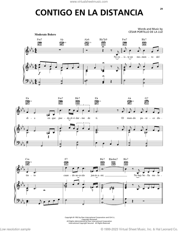 Contigo En La Distancia sheet music for voice, piano or guitar by Luis Miguel, Christina Aguilera, Olga Guillot and Cesar Portillo de la Luz, intermediate skill level