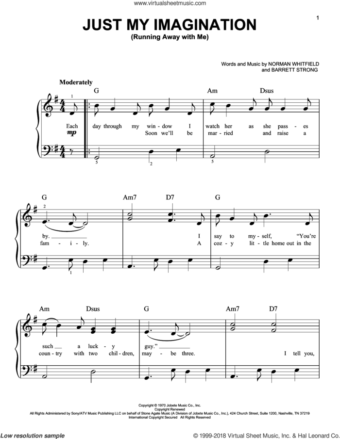 Just My Imagination (Running Away With Me), (easy) sheet music for piano solo by The Temptations, Barrett Strong and Norman Whitfield, easy skill level