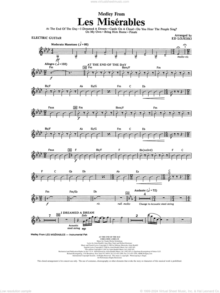 Les Miserables (Choral Medley) (arr. Ed Lojeski) sheet music for orchestra/band (electric guitar) by Boublil and Schonberg, Alain Boublil, Claude-Michel Schonberg, Herbert Kretzmer, Jean-Marc Natel and Ed Lojeski, intermediate skill level