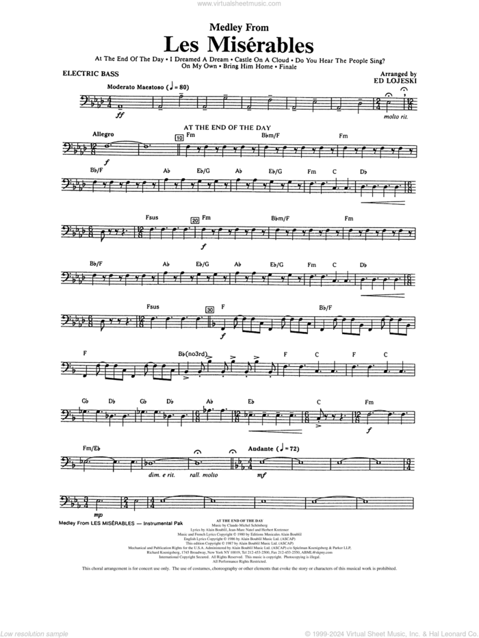 Les Miserables (Choral Medley) (arr. Ed Lojeski) sheet music for orchestra/band (electric bass) by Boublil and Schonberg, Alain Boublil, Claude-Michel Schonberg, Herbert Kretzmer, Jean-Marc Natel and Ed Lojeski, intermediate skill level