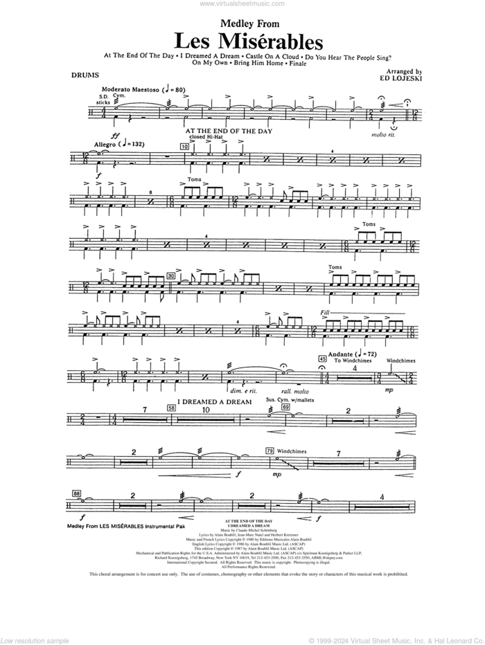 Les Miserables (Choral Medley) (arr. Ed Lojeski) sheet music for orchestra/band (drums) by Boublil and Schonberg, Alain Boublil, Claude-Michel Schonberg, Herbert Kretzmer, Jean-Marc Natel and Ed Lojeski, intermediate skill level