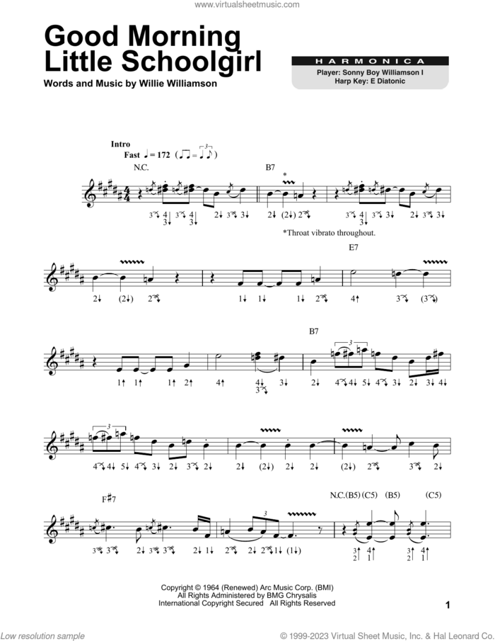Good Morning Little Schoolgirl sheet music for harmonica solo by Sonny Boy Williamson and Willie Williamson, intermediate skill level