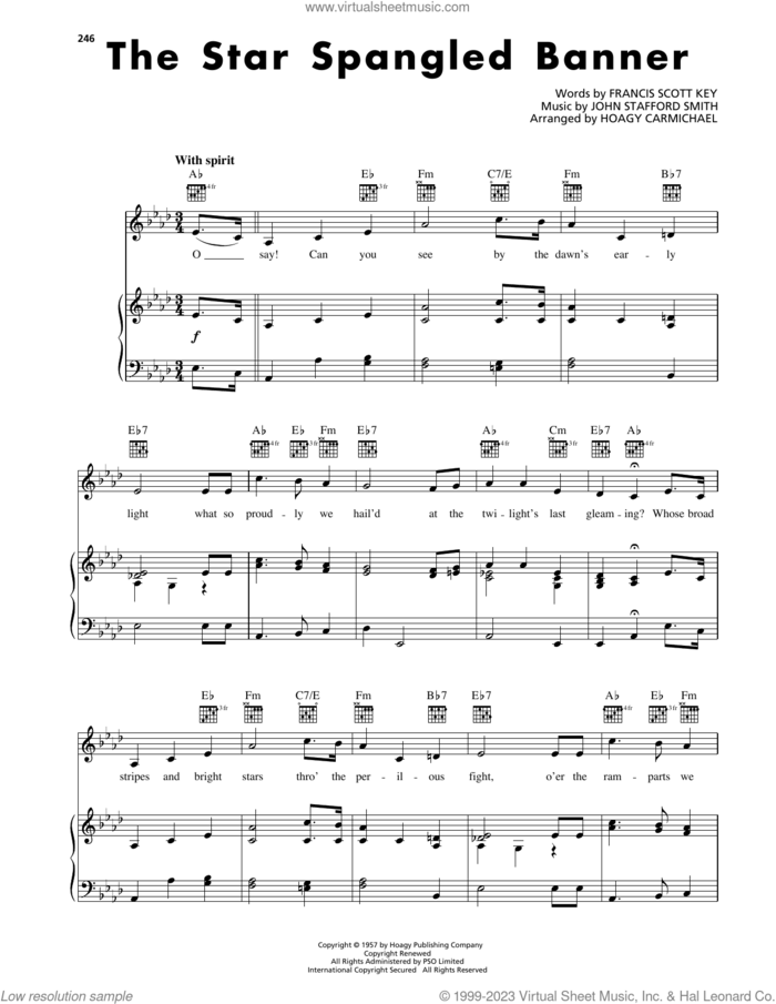 The Star-Spangled Banner sheet music for voice, piano or guitar by Hoagy Carmichael, Francis Scott Key and John Stafford Smith, intermediate skill level
