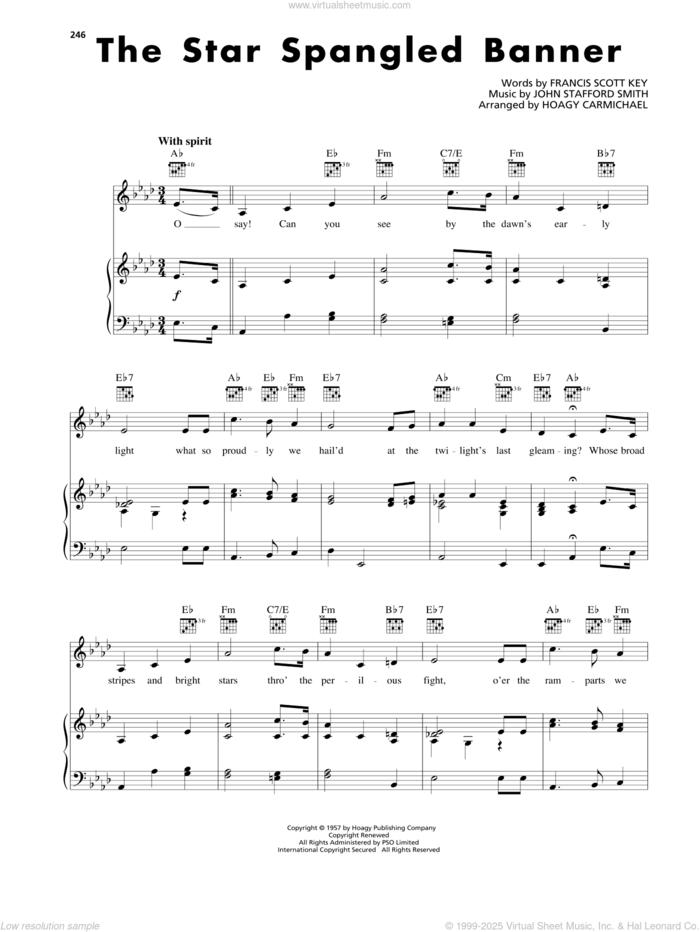 The Star-Spangled Banner sheet music for voice, piano or guitar by Hoagy Carmichael, Francis Scott Key and John Stafford Smith, intermediate skill level