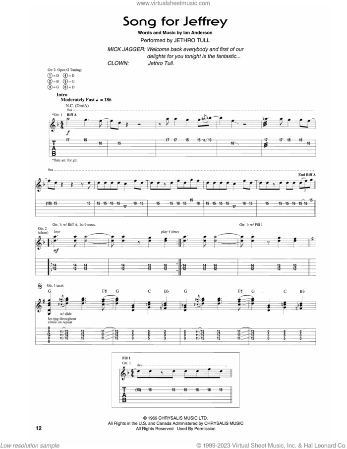 Song For Jeffrey sheet music for guitar (tablature) by The Rolling Stones and Ian Anderson, intermediate skill level