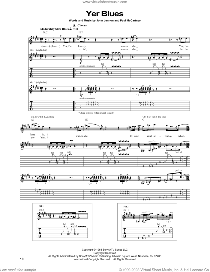 Yer Blues sheet music for guitar (tablature) by The Beatles, John Lennon and Paul McCartney, intermediate skill level