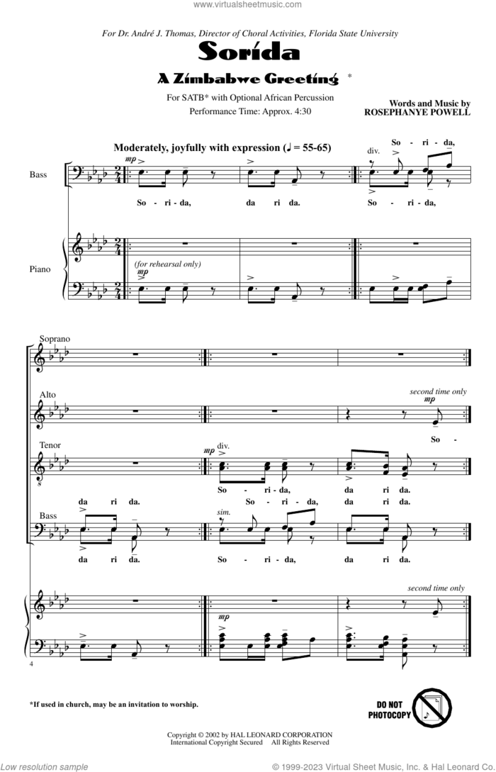 Sorida (A Zimbabwe Greeting) sheet music for choir (SATB: soprano, alto, tenor, bass) by Rosephanye Powell, intermediate skill level