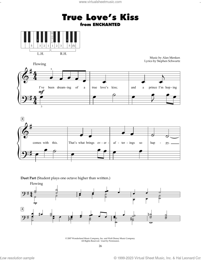 True Love's Kiss (from Enchanted) sheet music for piano solo (5-fingers) by Amy Adams, Alan Menken and Stephen Schwartz, beginner piano (5-fingers)