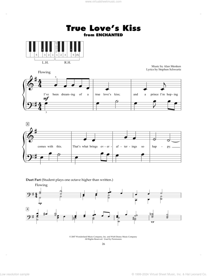 True Love's Kiss (from Enchanted) sheet music for piano solo (5-fingers) by Amy Adams, Alan Menken and Stephen Schwartz, beginner piano (5-fingers)