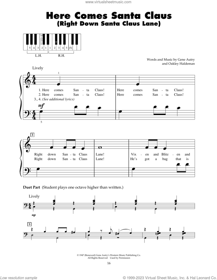 Here Comes Santa Claus (Right Down Santa Claus Lane) sheet music for piano solo (5-fingers) by Gene Autry and Oakley Haldeman, beginner piano (5-fingers)